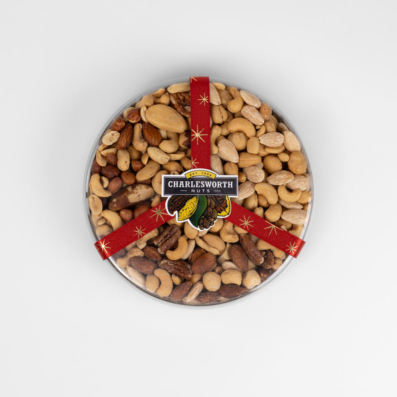 Christmas gift pack filled with salted nuts.