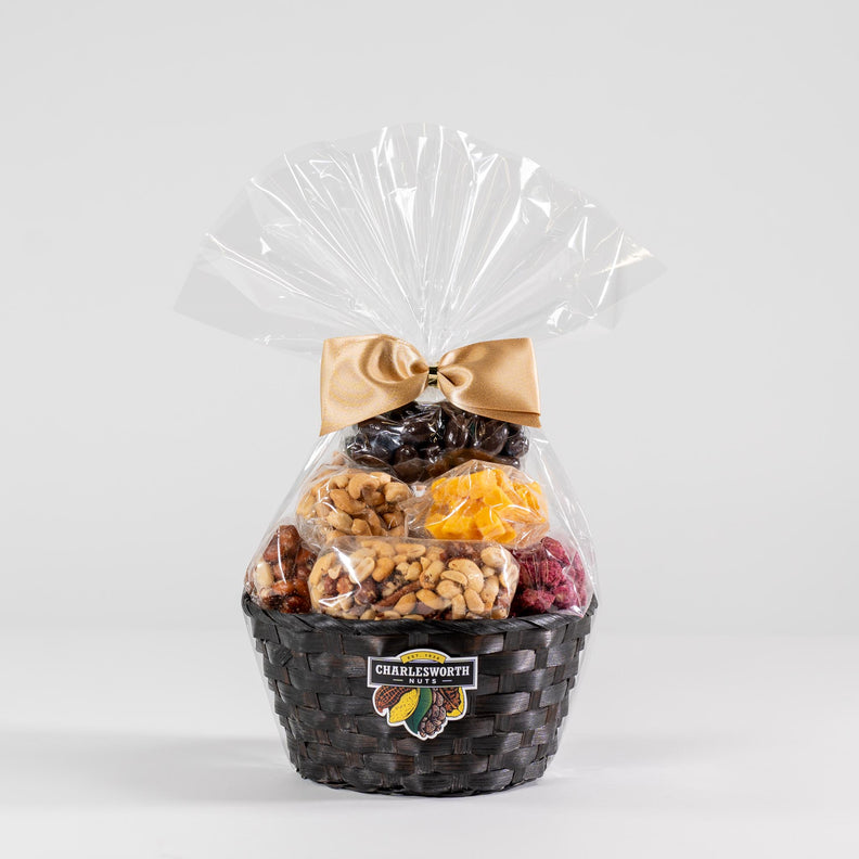 Handmade Gift Basket, featuring 7 irresistible Charlesworth treats, including a delightful mix of assorted nuts and decadent chocolates.