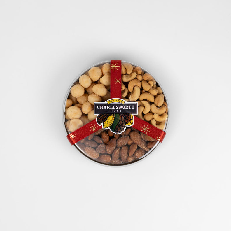 Christmas gift pack filled with salted cashews, smoked almonds and salted macadamias.