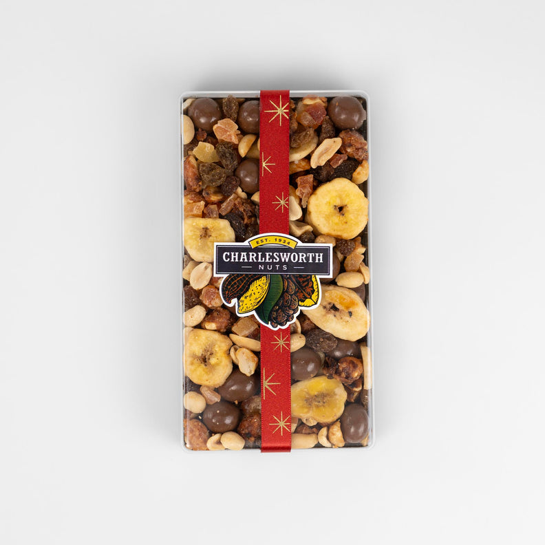 Christmas gift pack filled with glazed peanuts, sultanas, banana chips, paw paw, chocolate peanuts, and roasted peanuts.