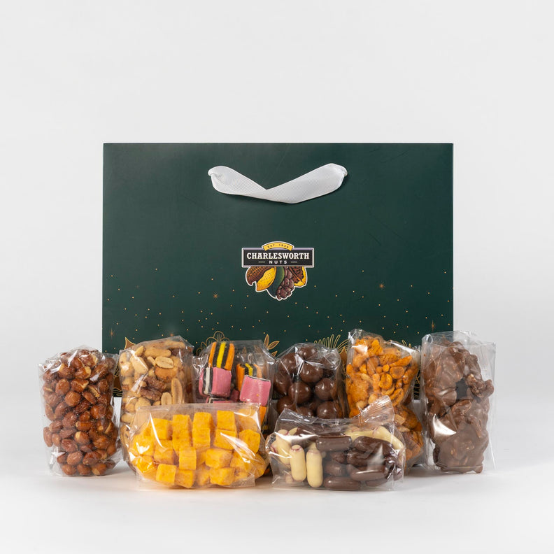 Corporate Christmas gift bag filled with licorice, chocolates and nuts