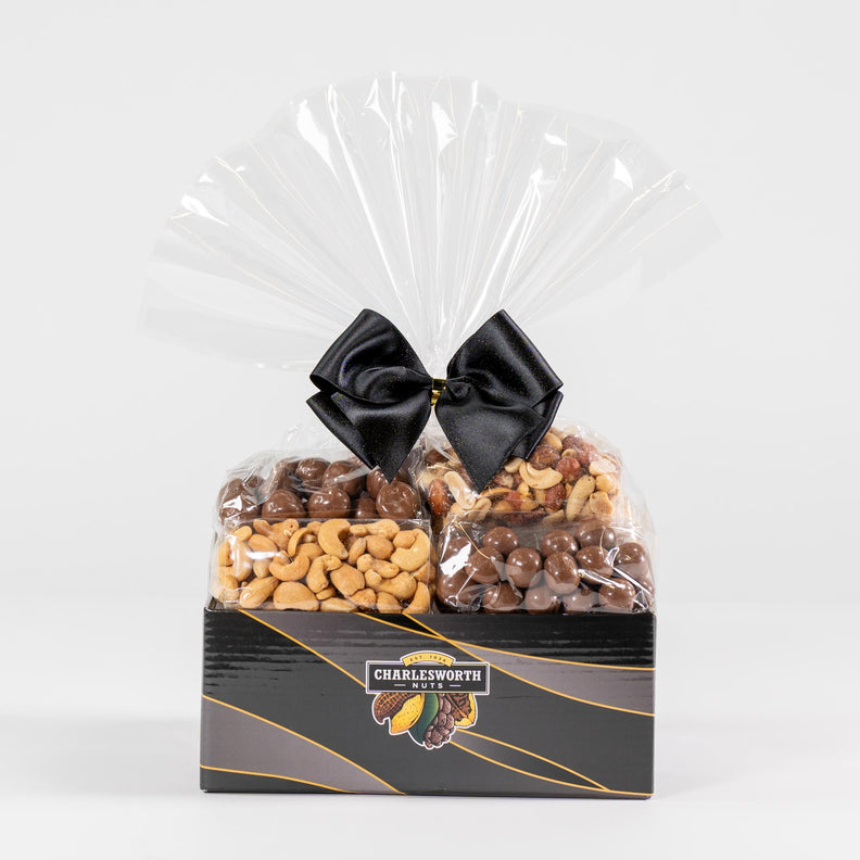 Corporate gift basket filled with cashews, beer nuts, almonds and chocolates