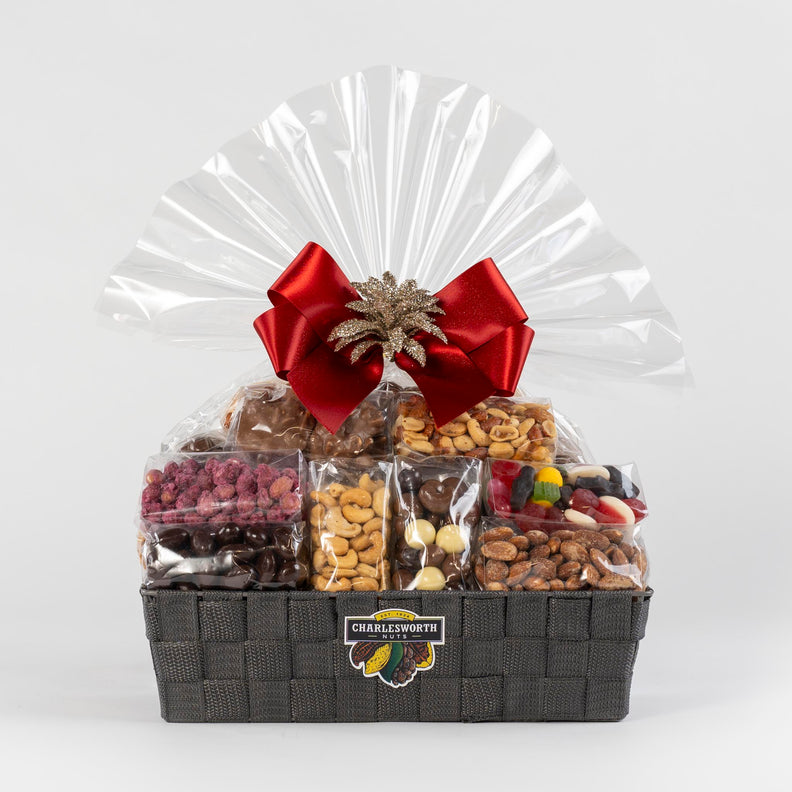 Beautiful Christmas Gift Hamper filled with sugar coated peanuts, nuts, chocolates, almonds and more. 