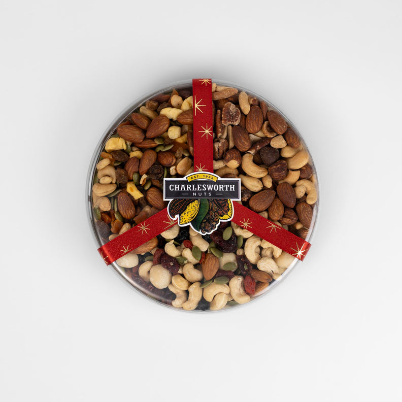 Christmas gift box filled with dry roasted cashews, almonds, sultanas and peanuts