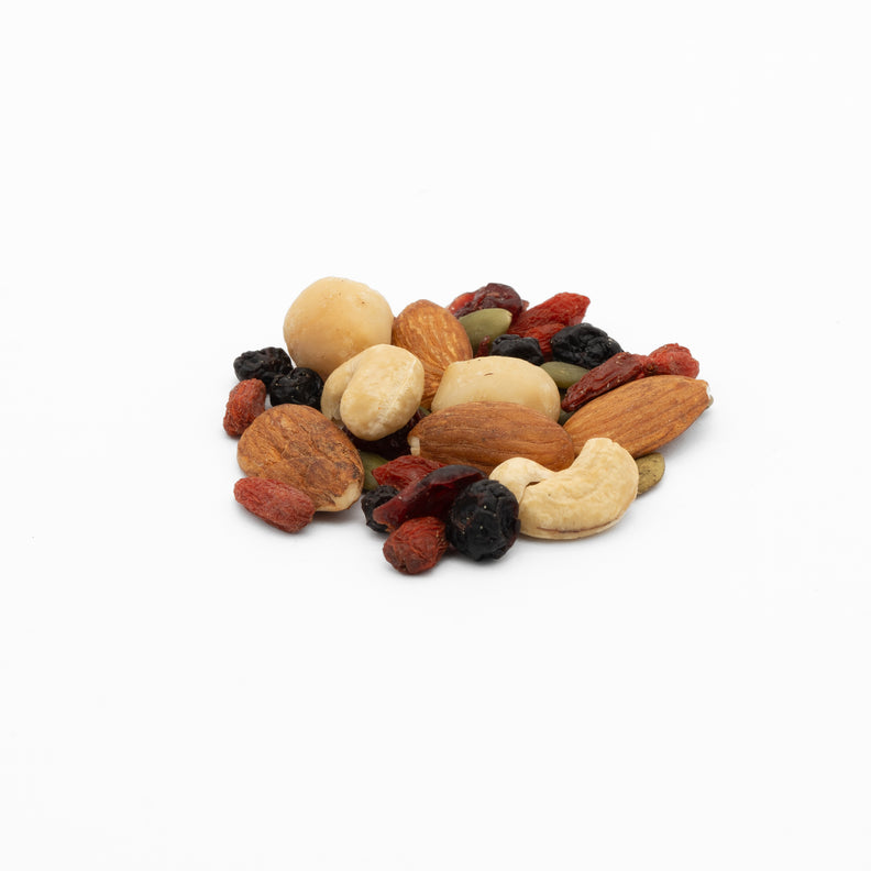 Mix of cashews, almonds, cranberries, pumpkin seeds, dried blueberries and macadamias