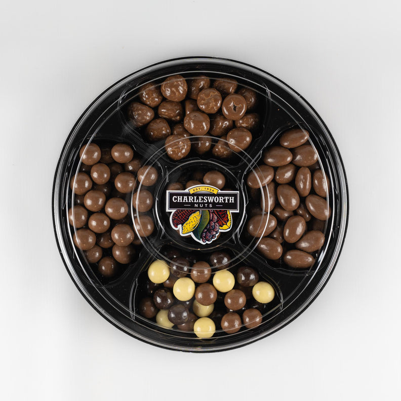 Delightful mix of Chocolate Almonds, Chocolate Apricots, Chocolate Peanuts, Triple Choc Fruit Trio and Raspberry Lolly Chocs.