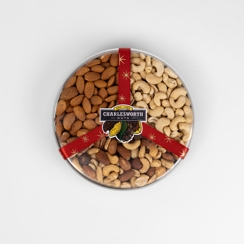 Christmas gift box filled with roasted almonds, cashews and peanuts