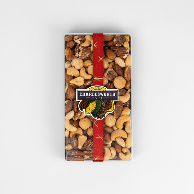 Christmas gift pack filled with salted macadamias, salted cashews, salted peanuts, salted walnuts and salted pecans.