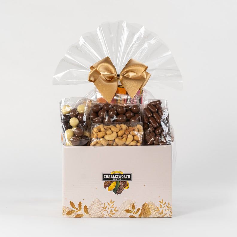 Christmas Gift basket filled with beer nuts. chocolate apricots, chocolate bullets, chocolate honeycomb, salted cashews, salted mix and much more