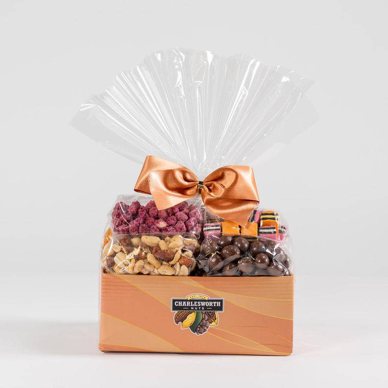 Corporate gift basket filled with nuts and chocolates