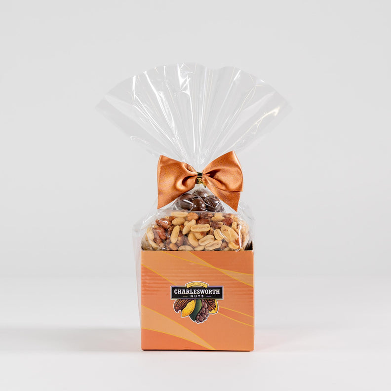 Corporate gift basket filled with nut mix and chocolate