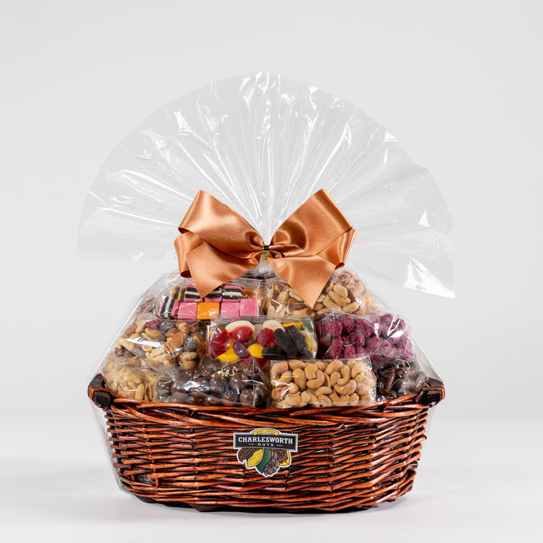 Corporate Gift basket filled with nuts, chocolates, licorice, and lollies