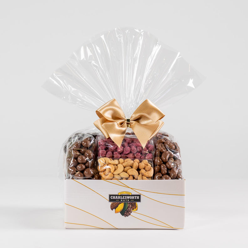 Gift basket filled with chocolates and nuts, perfect for any occasion and for everyone. 