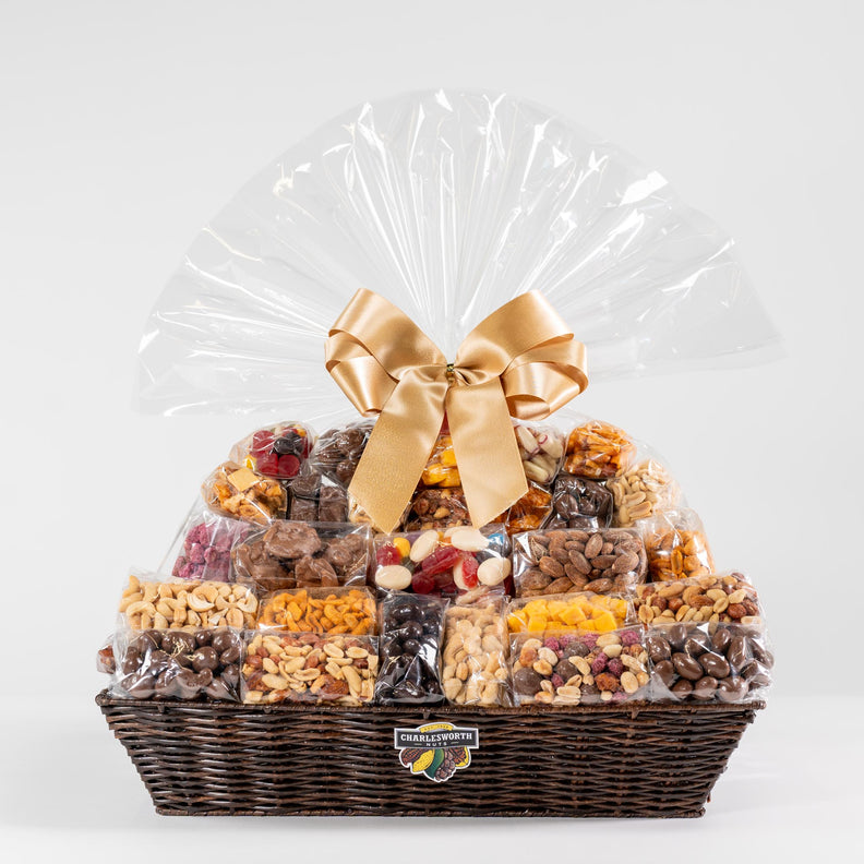 Stunning gift basket overflowing with a delightful premium nuts, indulgent chocolates, and sweet lollies, all beautifully arranged in an elegant brown base and finished with a luxurious gold bow.